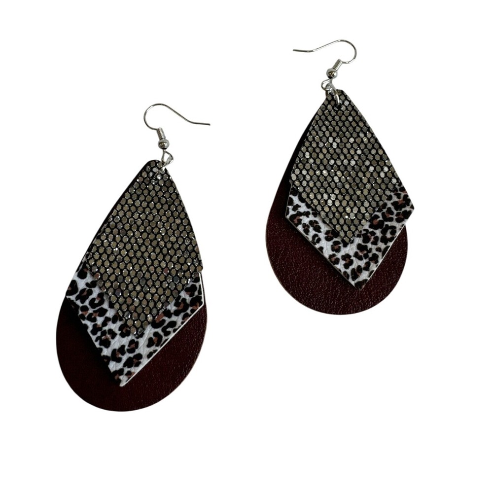 Handmade Teardrop‎ Dangle Faux Leather Earrings Cheetah Bling Burgundy
